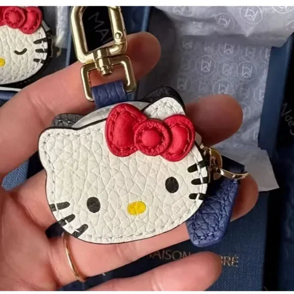 Sanrio HELLO KITTY Coin Purse Keychain White Red Bow Denim Clip - Picture 3 of 6